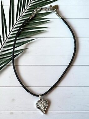 Brighton Ophelia Black Braided Leather Cord Heart Pendant Necklace Silver Tone